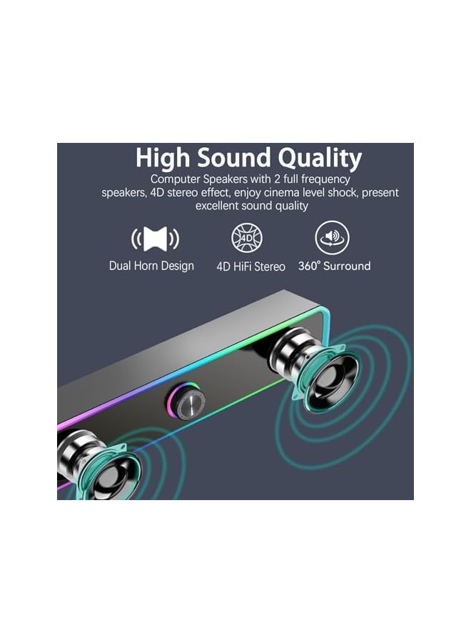 RGB Desktop Soundbar, USB Powered PC Computer Speakers with Bluetooth 5.3, RGB Lights, HiFi Stereo Audio, 3.5mm Aux Input, Compact Wired & Wireless Gaming Speakers for Laptop, Monitor - Image 4